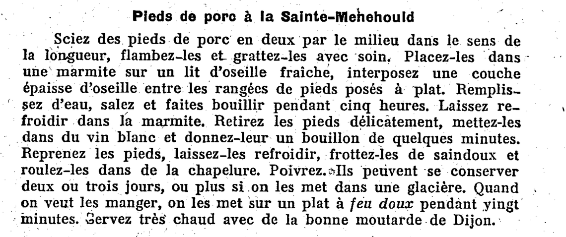 La recette des pieds de porc à la Sainte-Menehould de 1927
