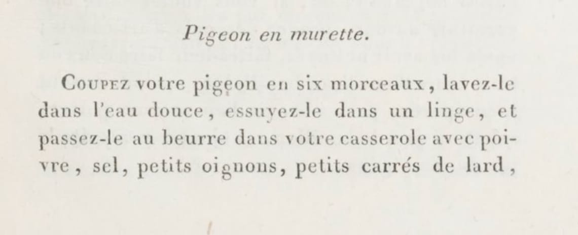La recette du pigeon en murette de 1827
